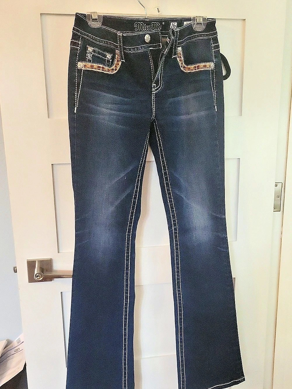 Miss Me Flare Jeans Plaid Detail Blue Waist 26